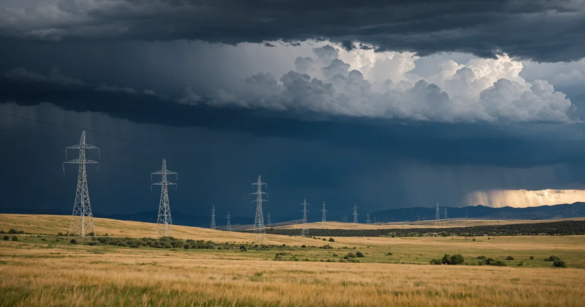 Transmission lines crossing Colorado foothills under dramatic clouds