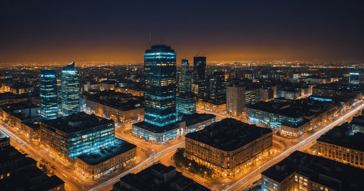 City skyline lit at night with light trails
