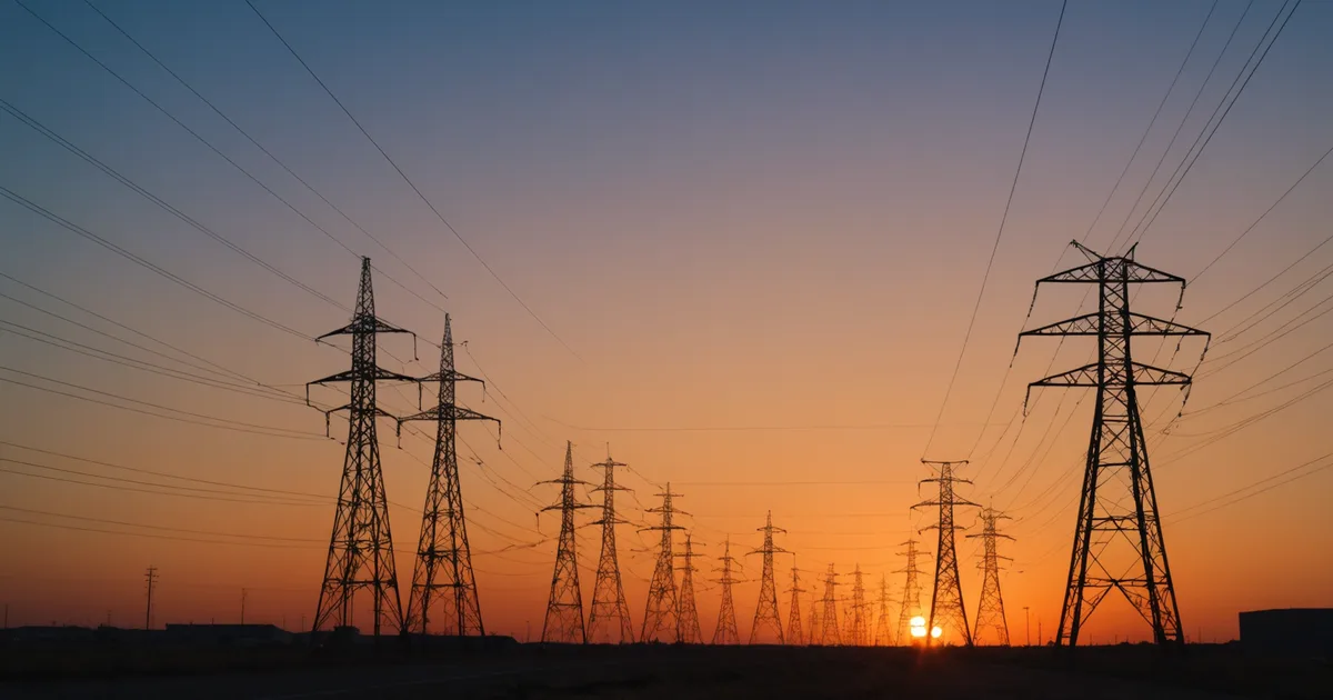Power lines converging on a substation at sunset
