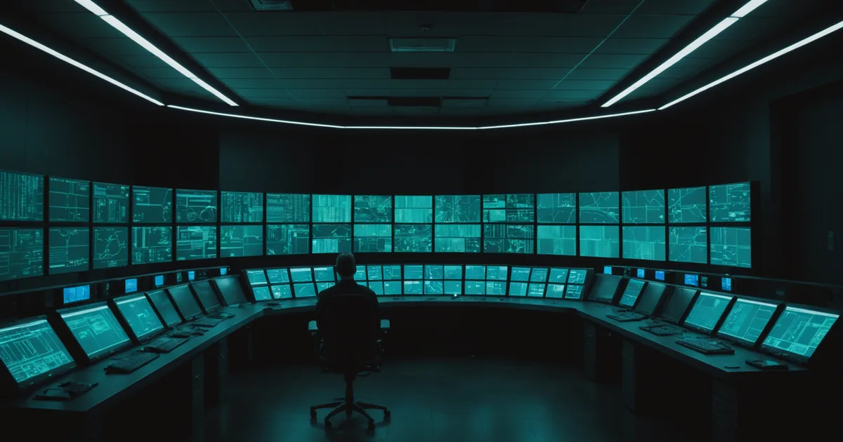 Utility control room with glowing monitors at night