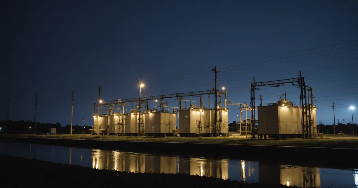 Electric power substation at night with flood lighting