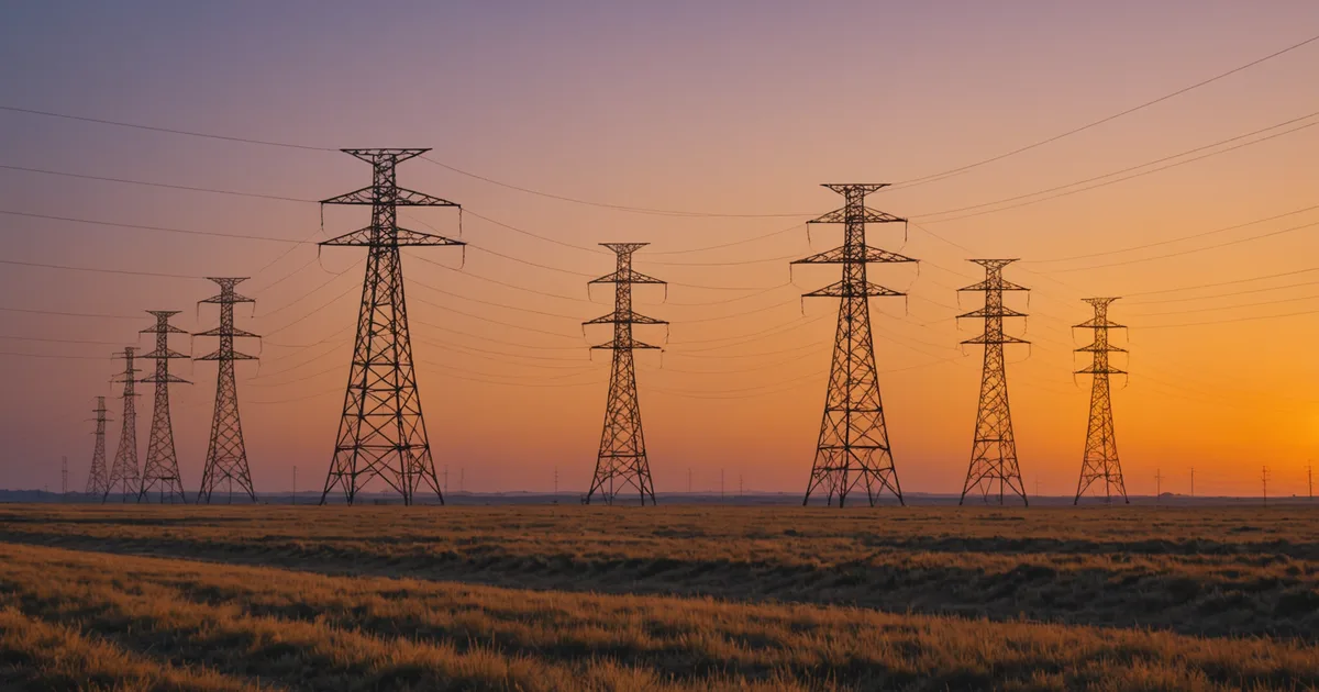 High-voltage transmission towers across open plains at twilight