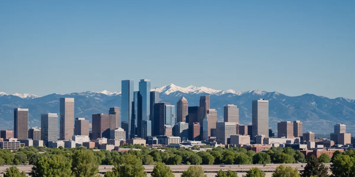 Denver Colorado downtown business district with mountain backdrop